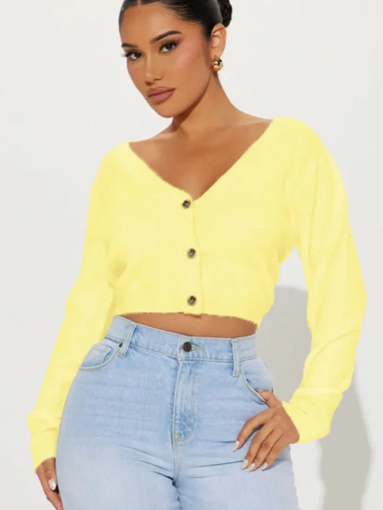 Fashion Nova Yellow Cropped Button-Front V-Neck Cardigan - Picture 1 of 6